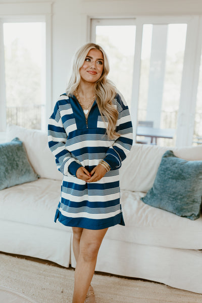 Denim Striped Collared Half Zip Dress