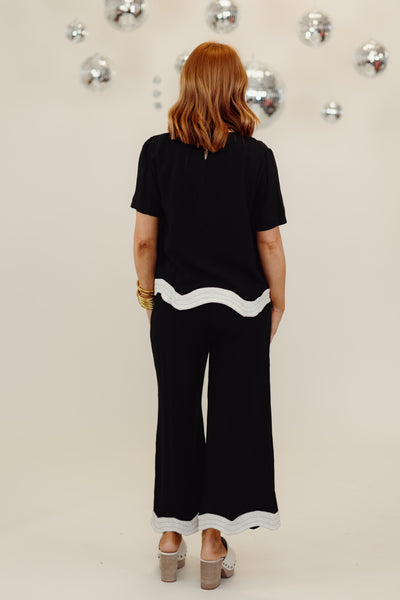 Black Wavy Trim Short Sleeve Top and Pant Set