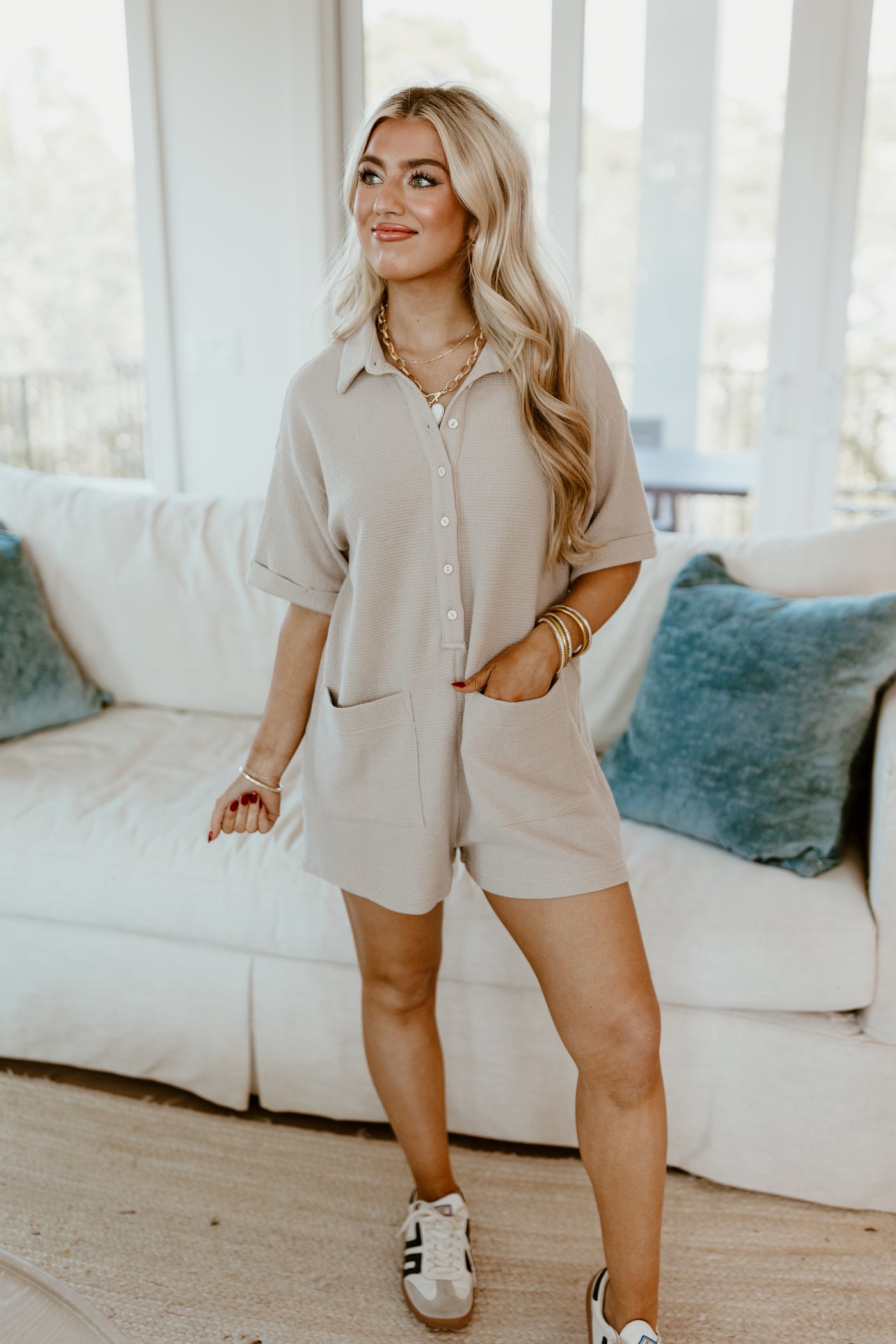 Taupe Textured Button Down Romper