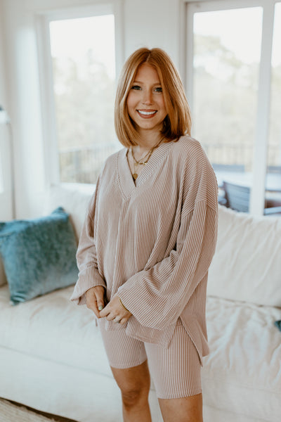 Mocha V-Neck Ballon Sleeve Sweater and Biker Short Set