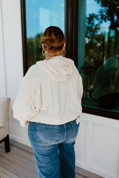 Cream Textured Knit Hooded Pullover