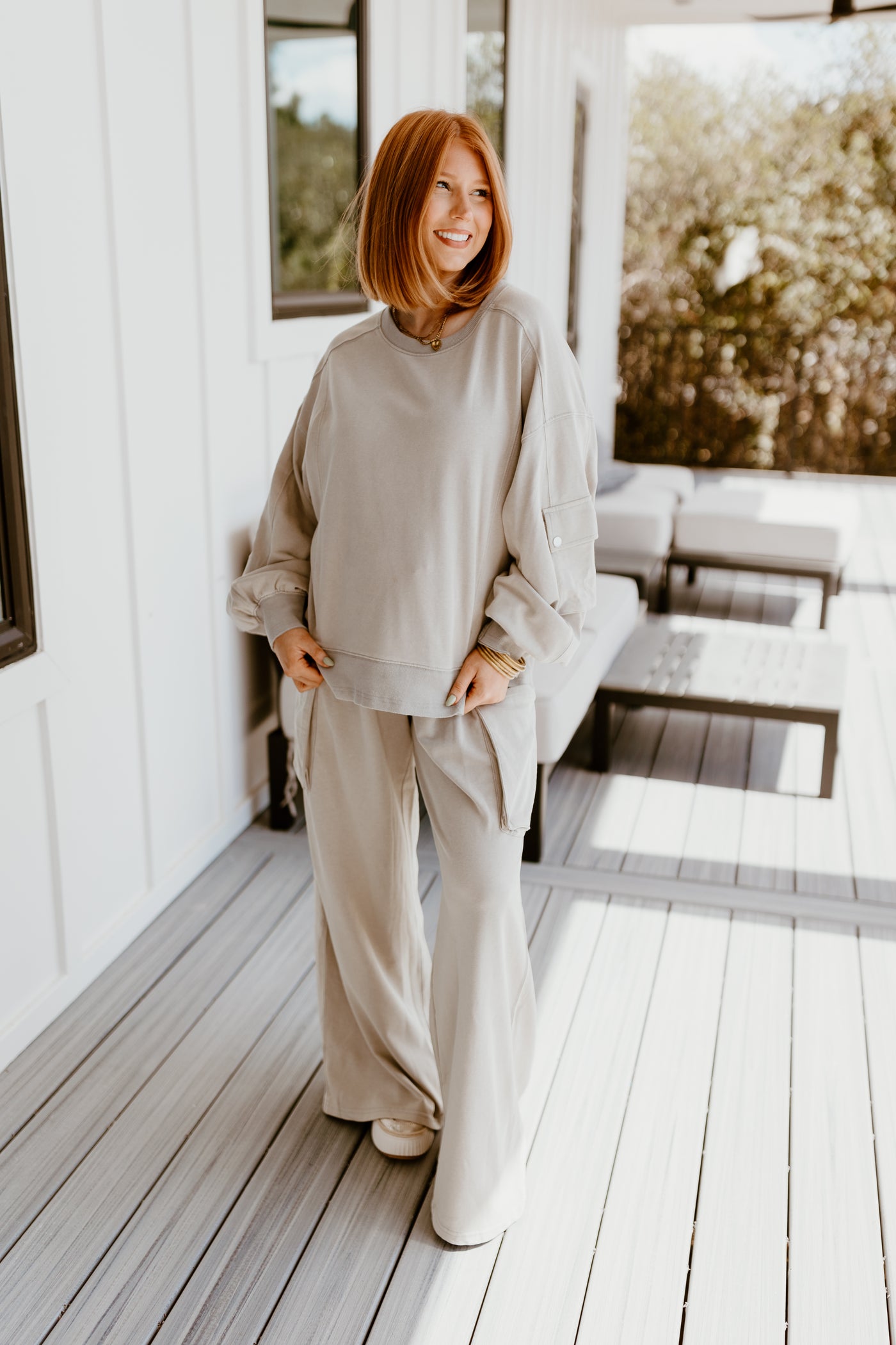 Grey Oversized Pocket Detail Sweatshirt and Wide Leg Pant Set