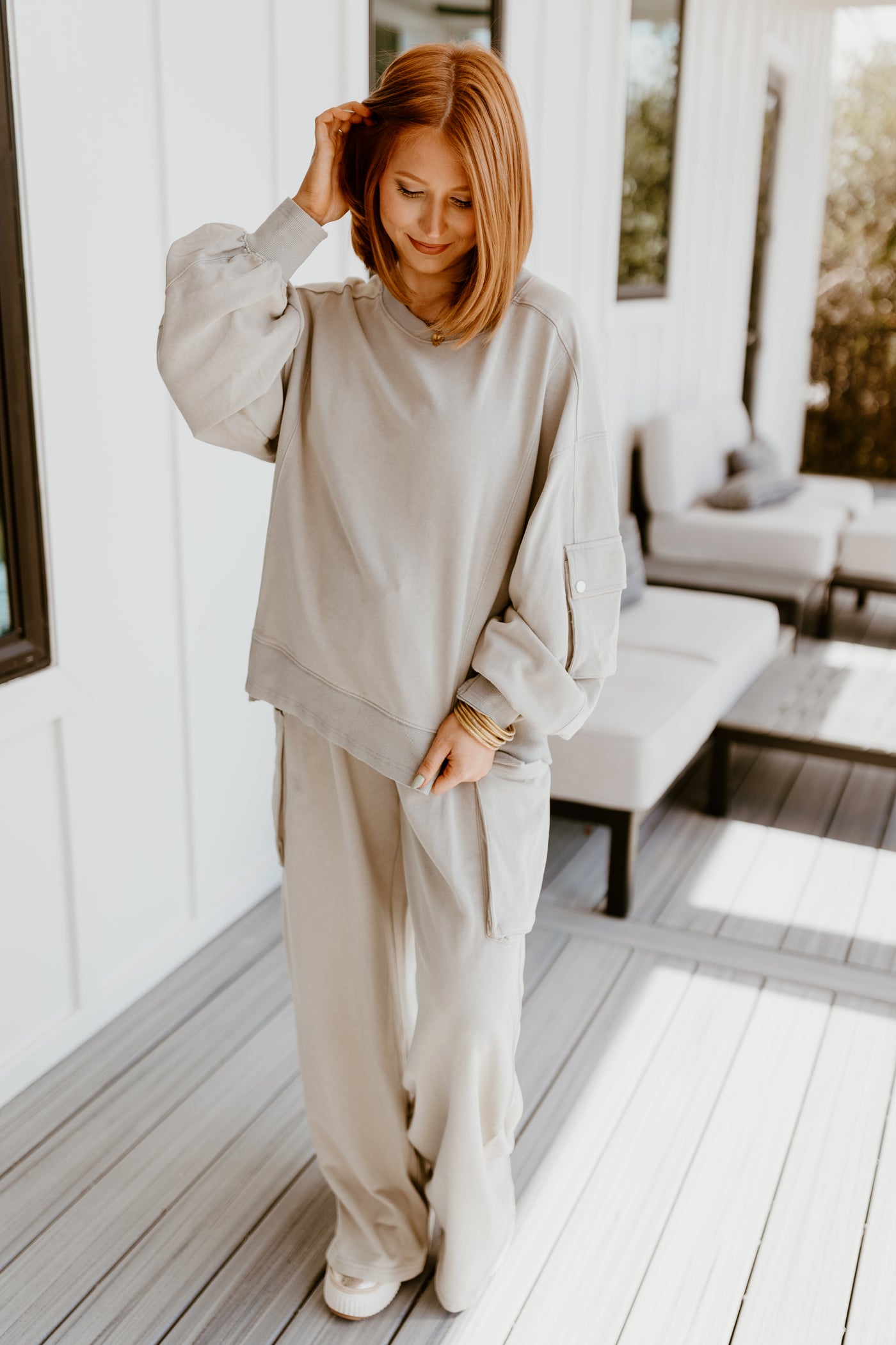 Grey Oversized Pocket Detail Sweatshirt and Wide Leg Pant Set