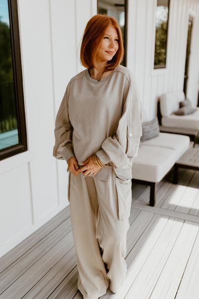 Grey Oversized Pocket Detail Sweatshirt and Wide Leg Pant Set