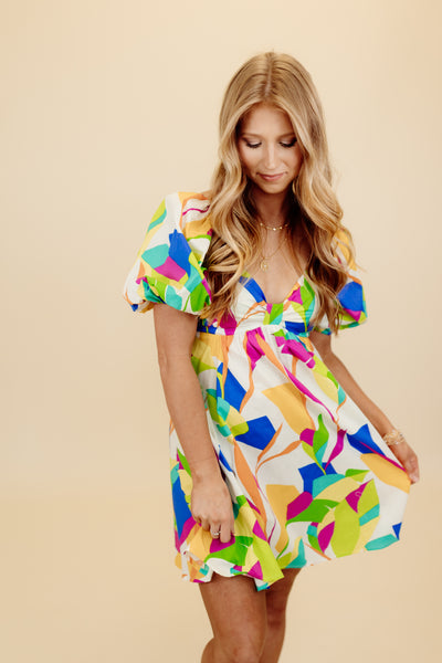 Multicolor Mix Print Puff Sleeve Dress