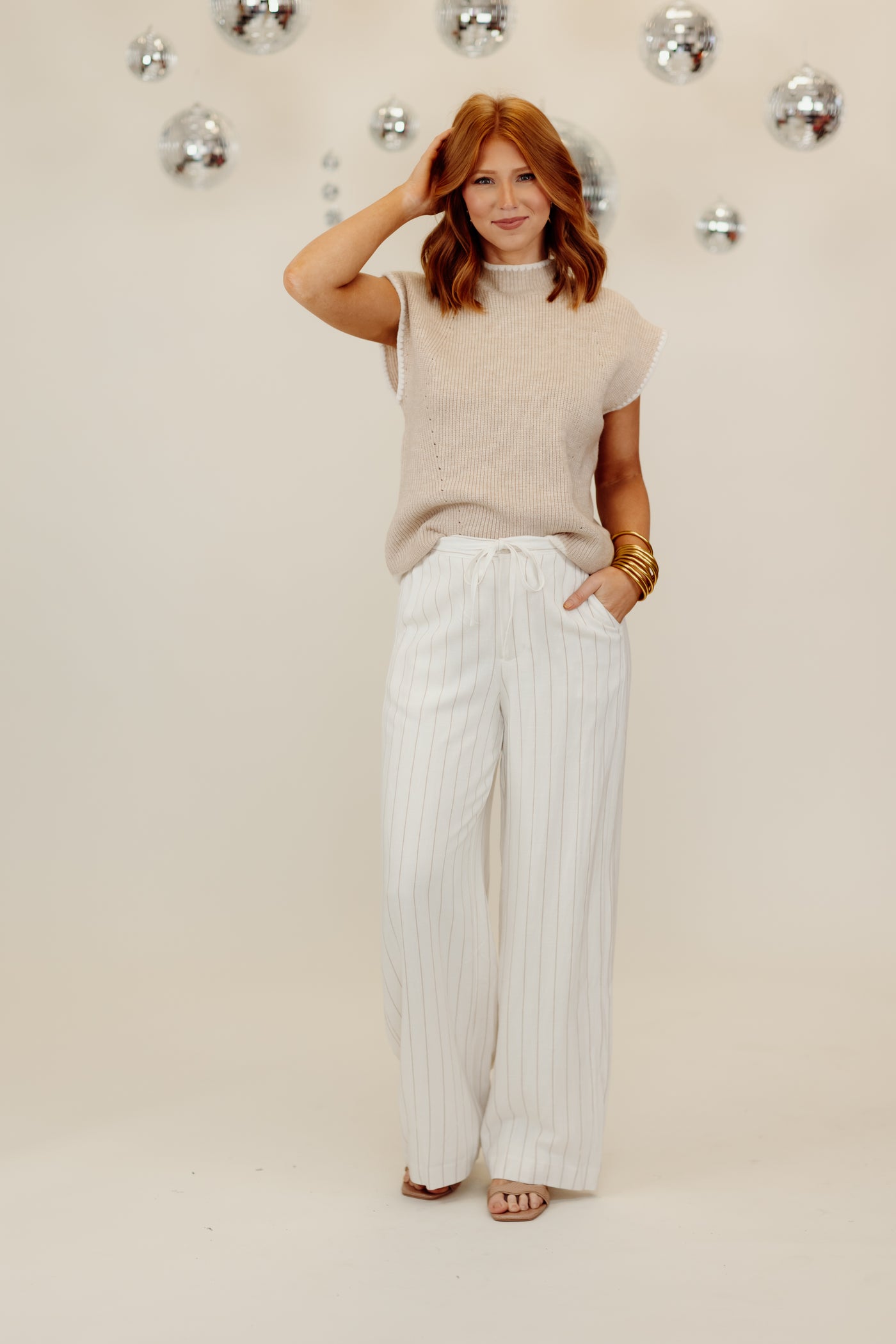 Off White Striped High Waist Wide Leg Pants