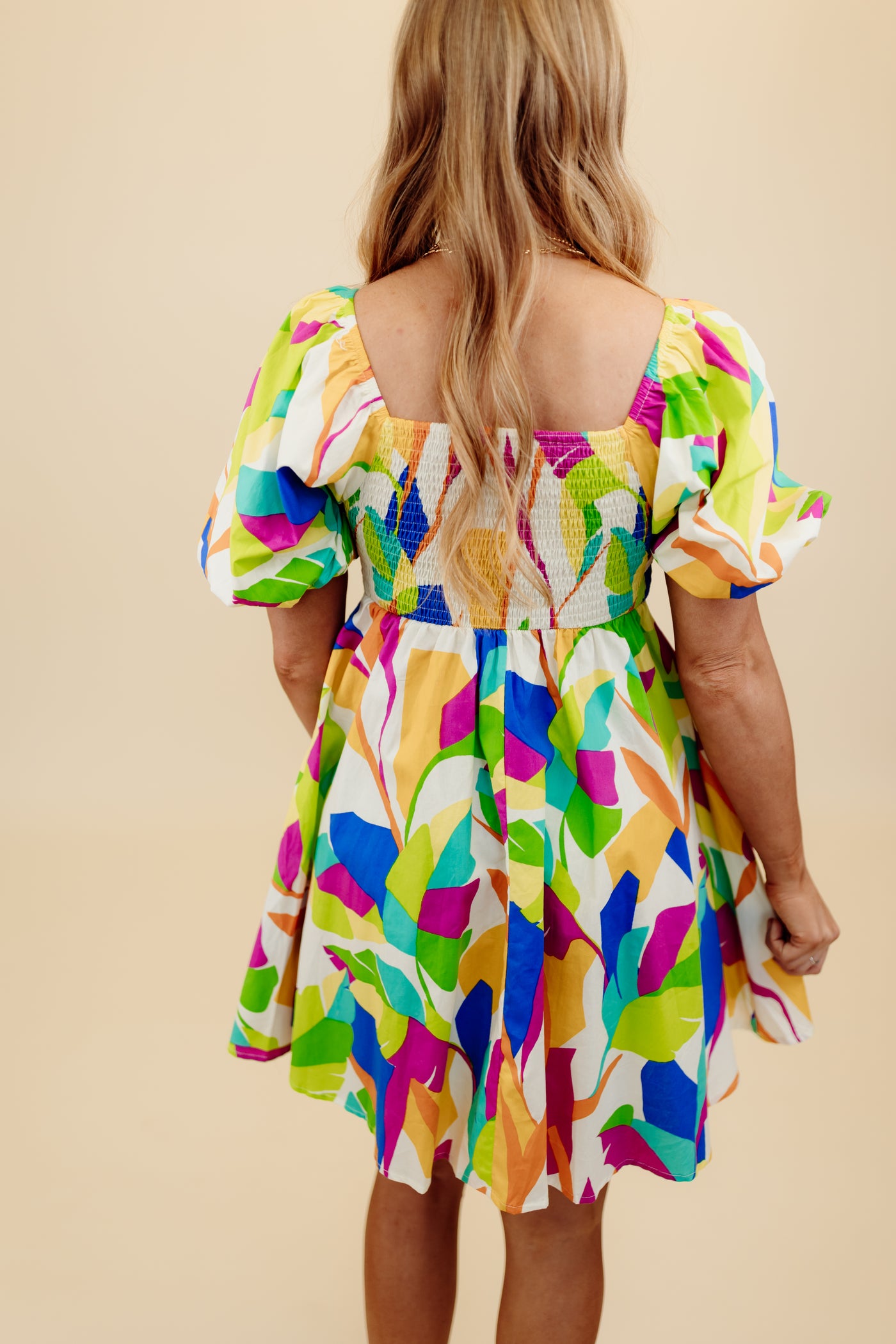 Multicolor Mix Print Puff Sleeve Dress