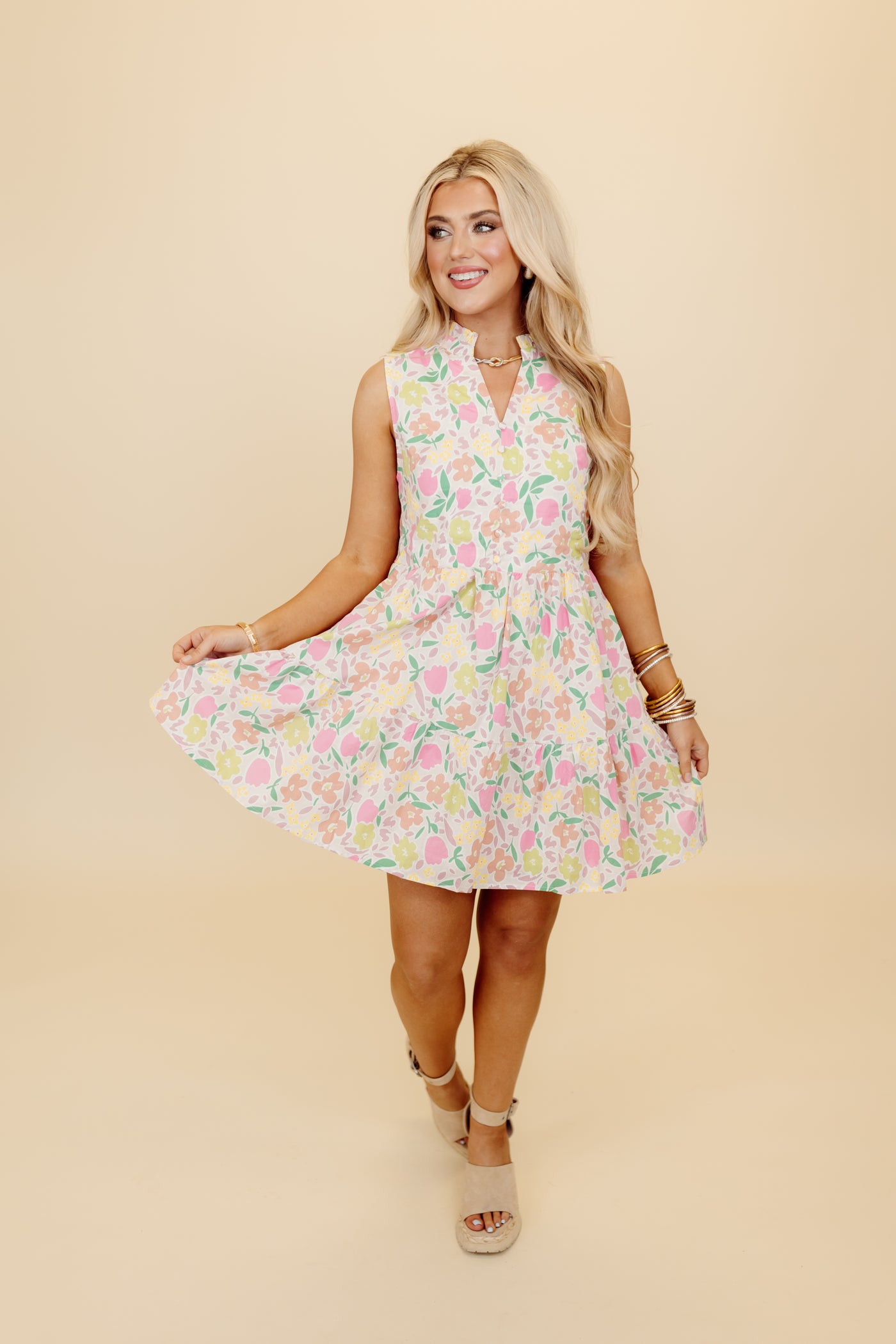 Karlie Pink Pastel Floral V-Neck Tier Dress