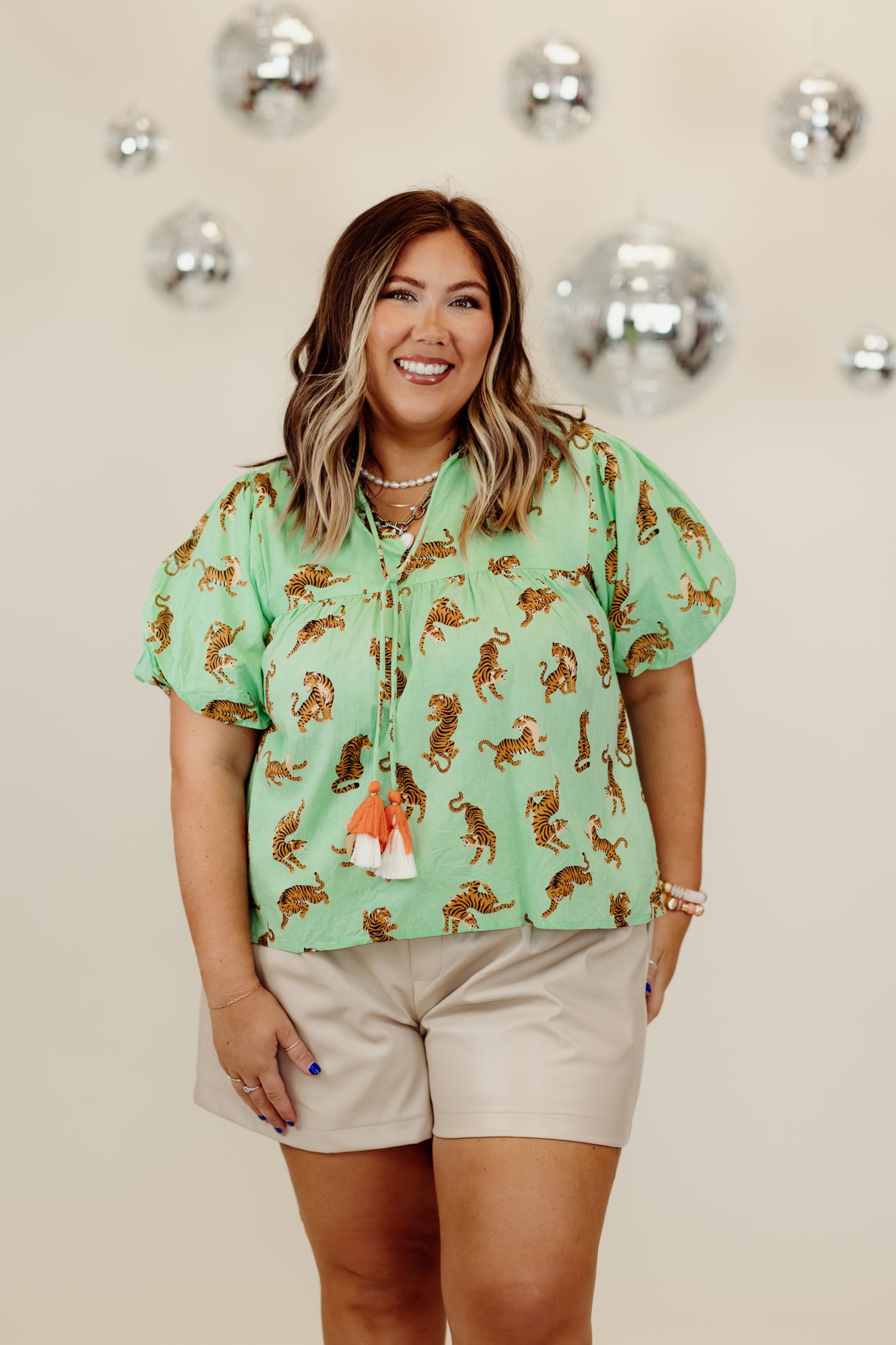 Mint Puff Sleeve Tie Detail Tiger Print Top