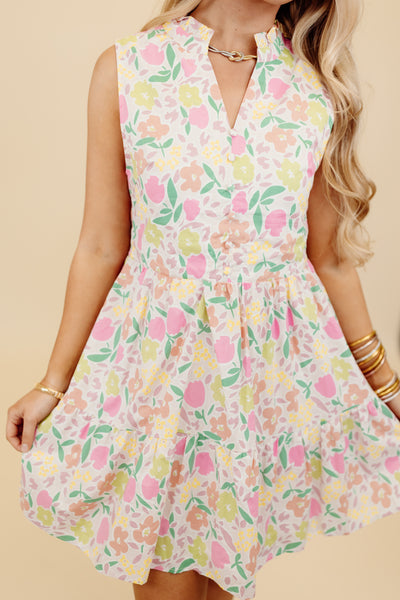 Karlie Pink Pastel Floral V-Neck Tier Dress