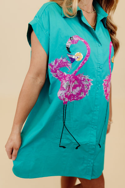 Jade Sequin Flamingo Button Down Shirt Dress