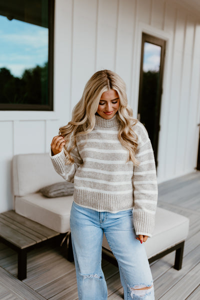 Z Supply Josephine Stripe Turtleneck Sweater- Heather Taupe