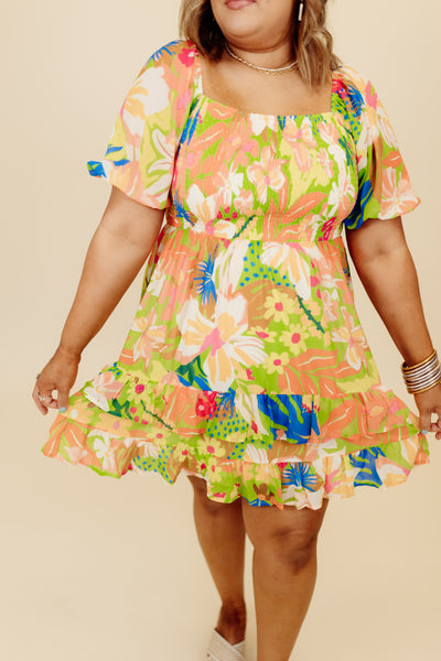 Lime Mix Print Smocked Detail Puff Sleeve Dress