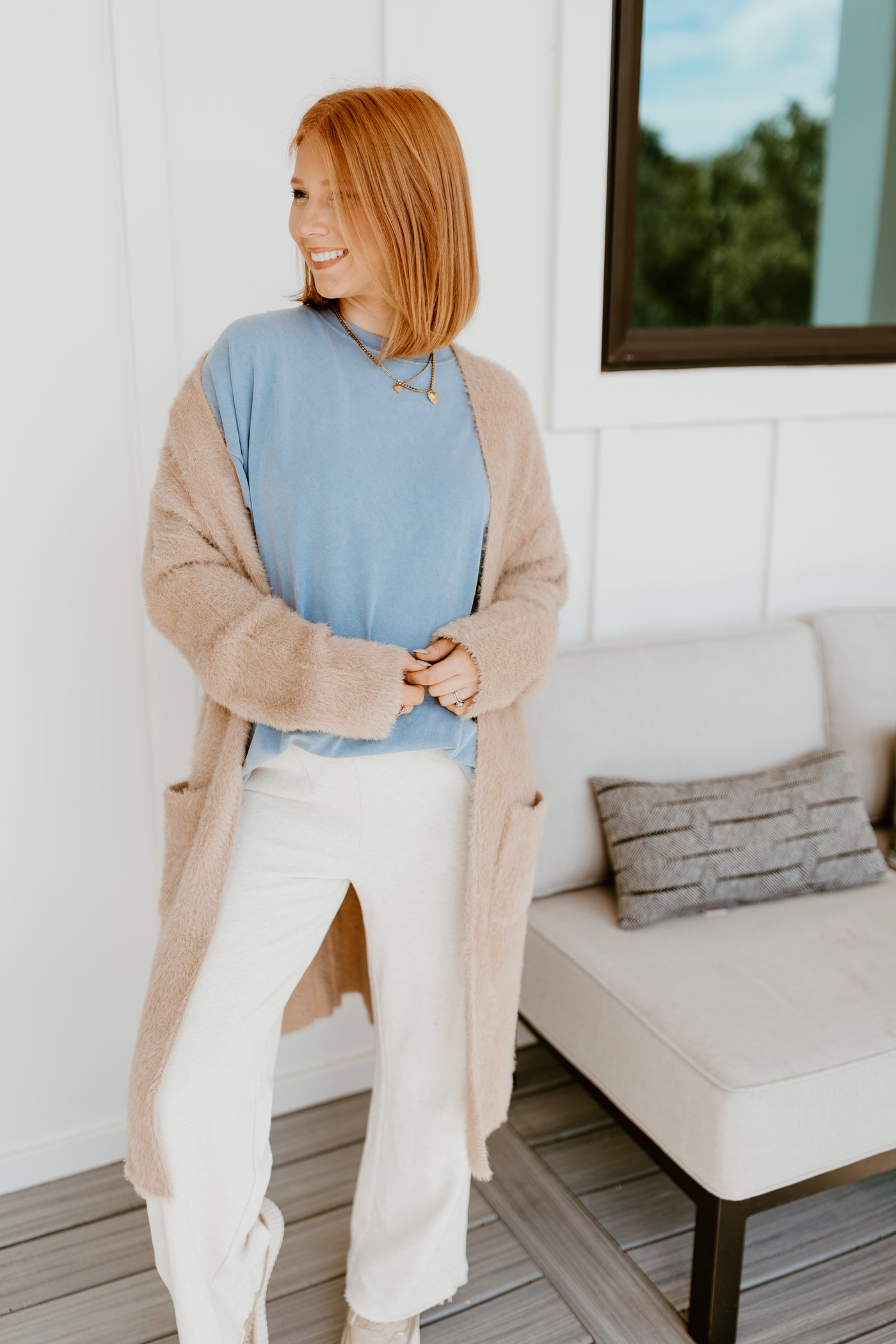 Taupe Brushed Knit Open Cardigan