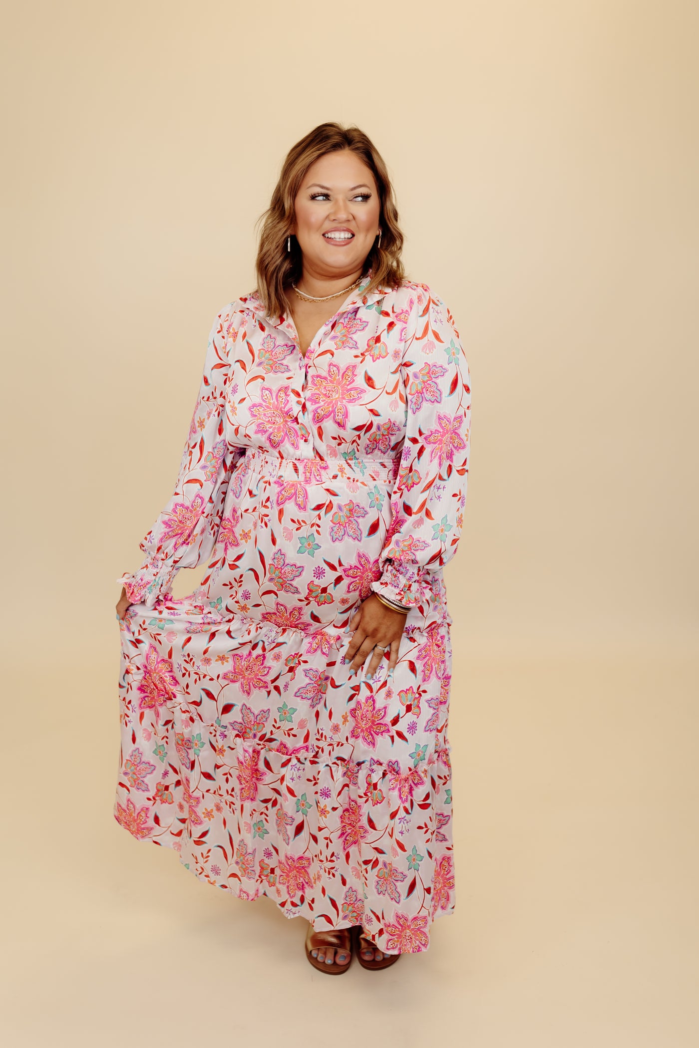 Karlie Pink Floral Satin Smock Waist Tier Maxi Dress