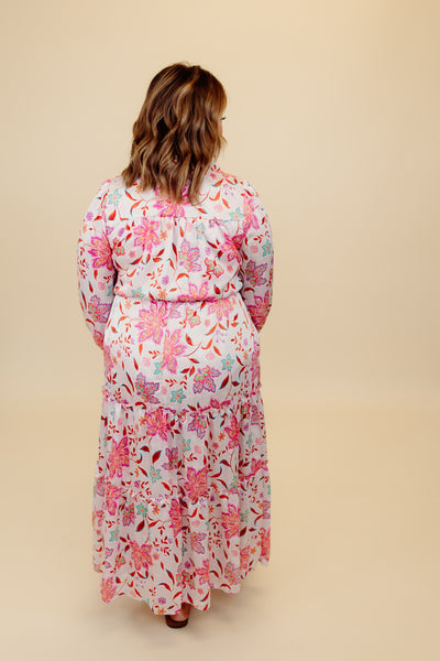 Karlie Pink Floral Satin Smock Waist Tier Maxi Dress