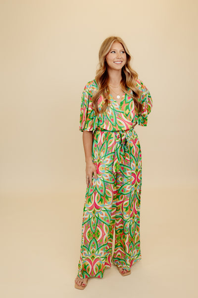 Green Mix Print V-Neck Wide Leg Jumpsuit