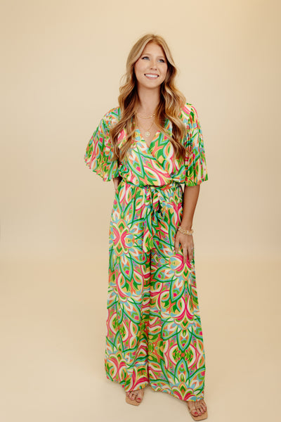 Green Mix Print V-Neck Wide Leg Jumpsuit