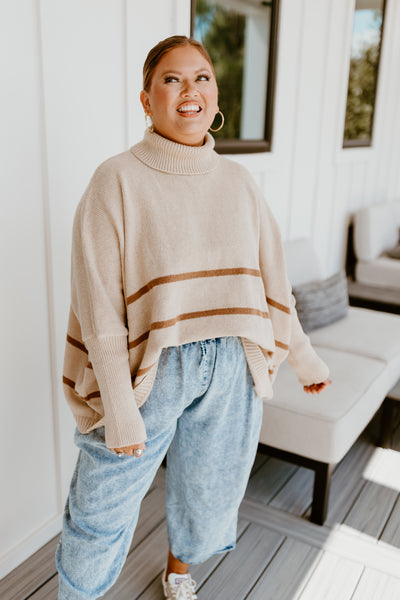 Light Taupe Striped Turtleneck Oversized Sweater