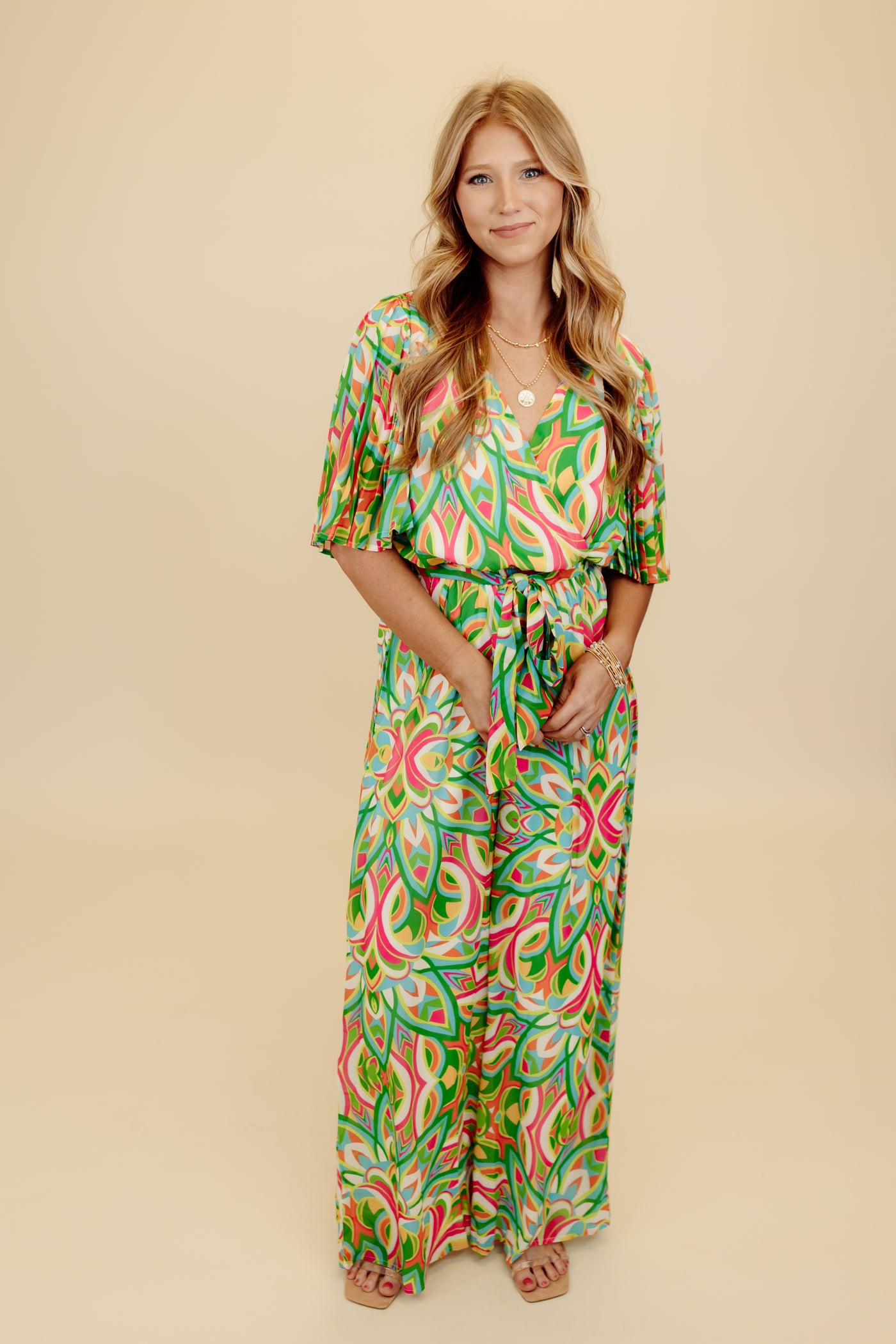 Green Mix Print V-Neck Wide Leg Jumpsuit