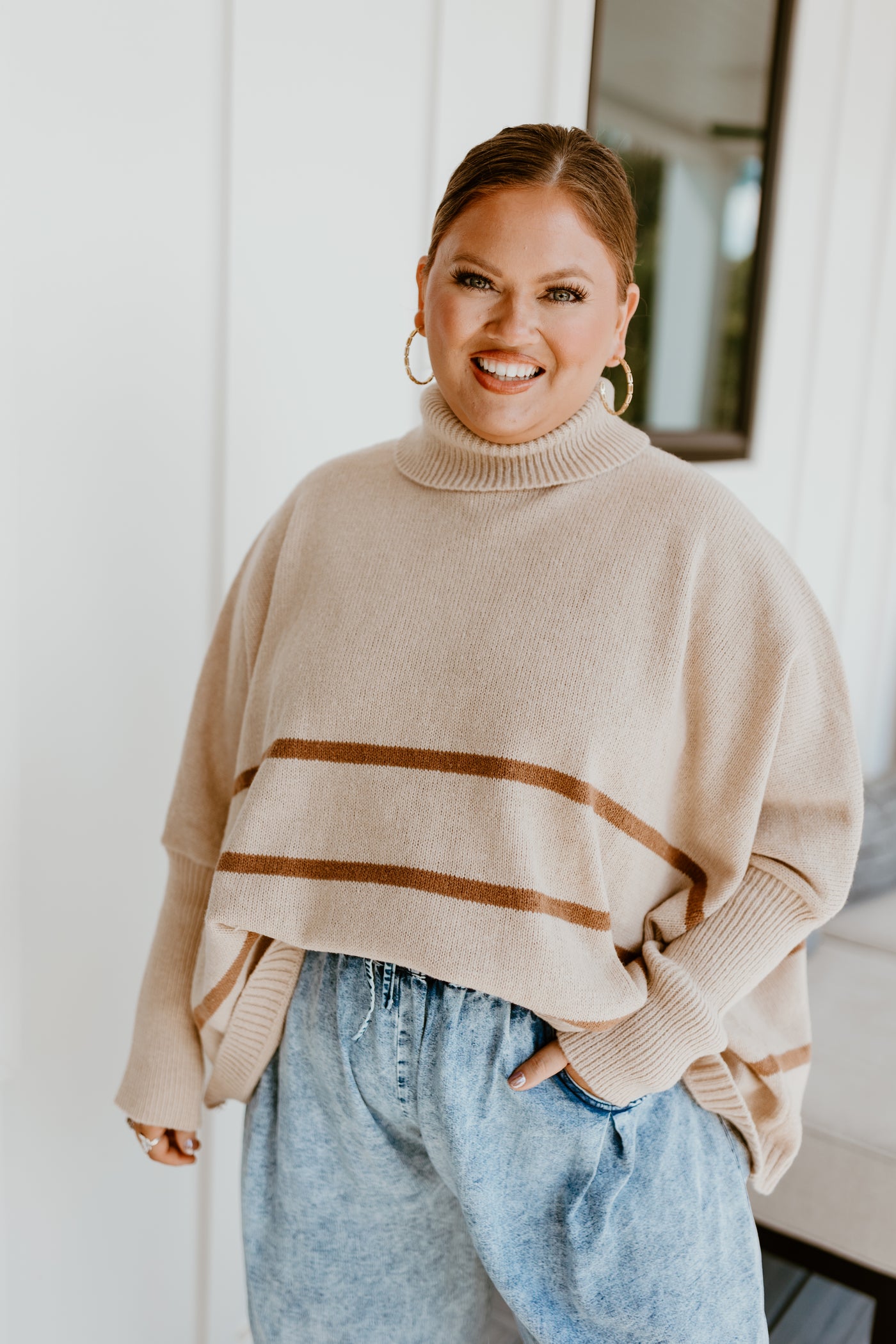 Light Taupe Striped Turtleneck Oversized Sweater