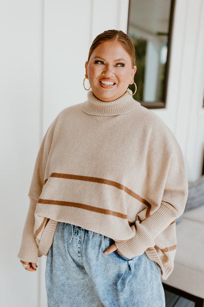 Light Taupe Striped Turtleneck Oversized Sweater