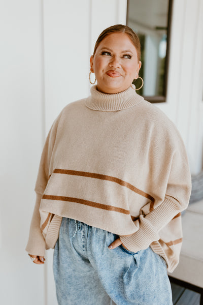 Light Taupe Striped Turtleneck Oversized Sweater