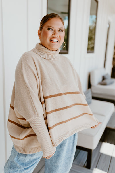 Light Taupe Striped Turtleneck Oversized Sweater