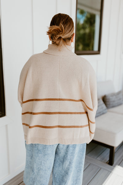 Light Taupe Striped Turtleneck Oversized Sweater