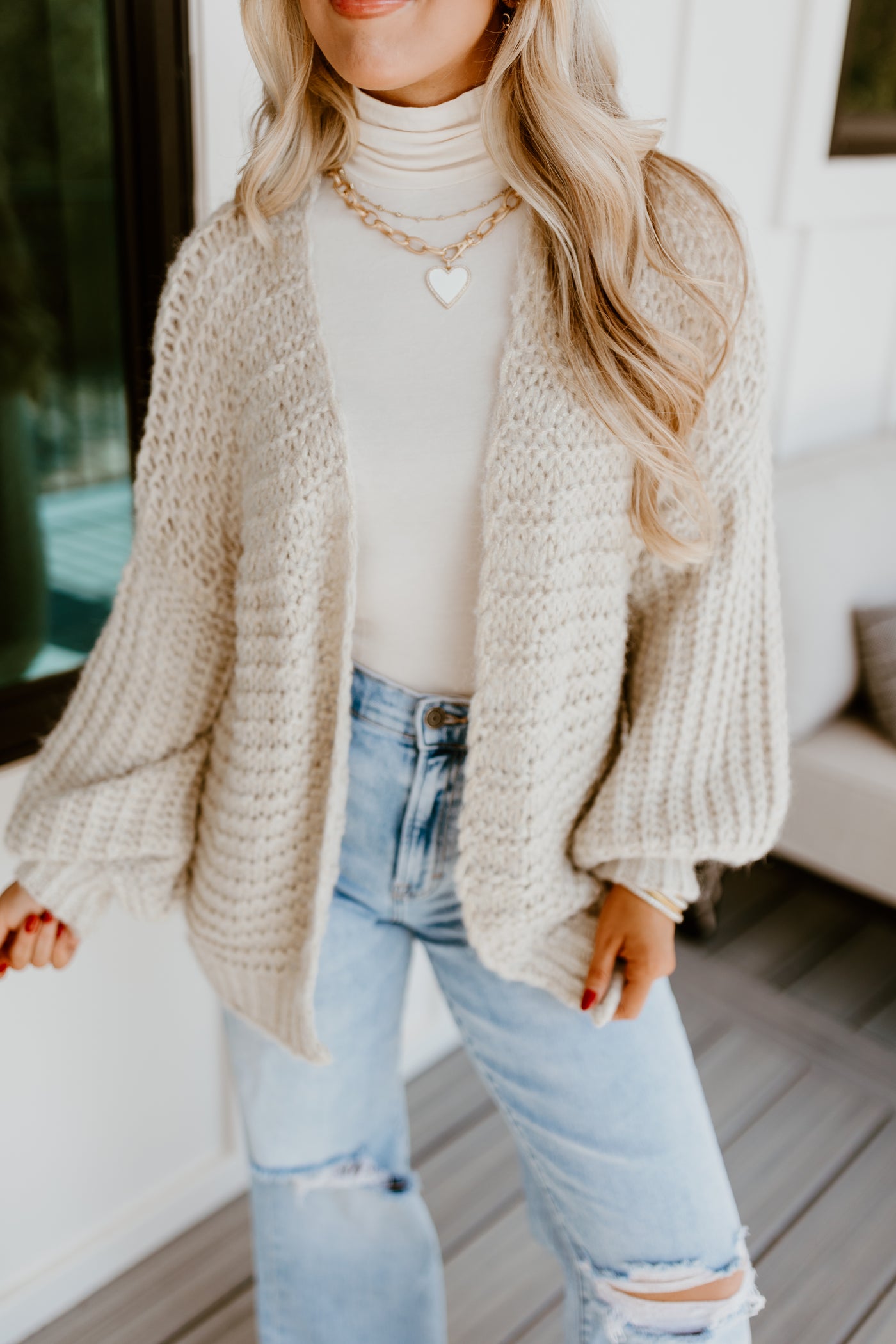 Gold Oversized Balloon Sleeve Open Knit Cardigan