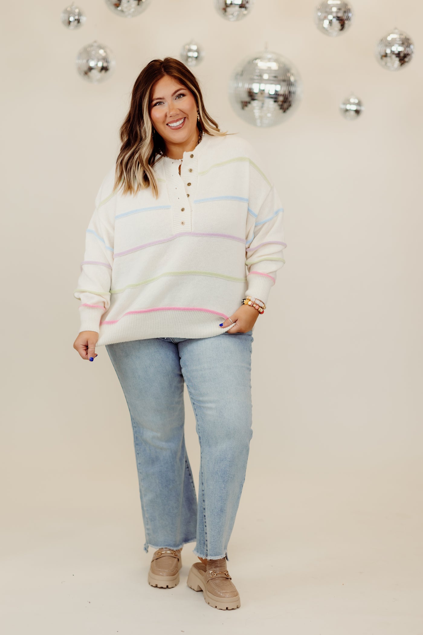 Ivory Multi Stripe Henley Pullover