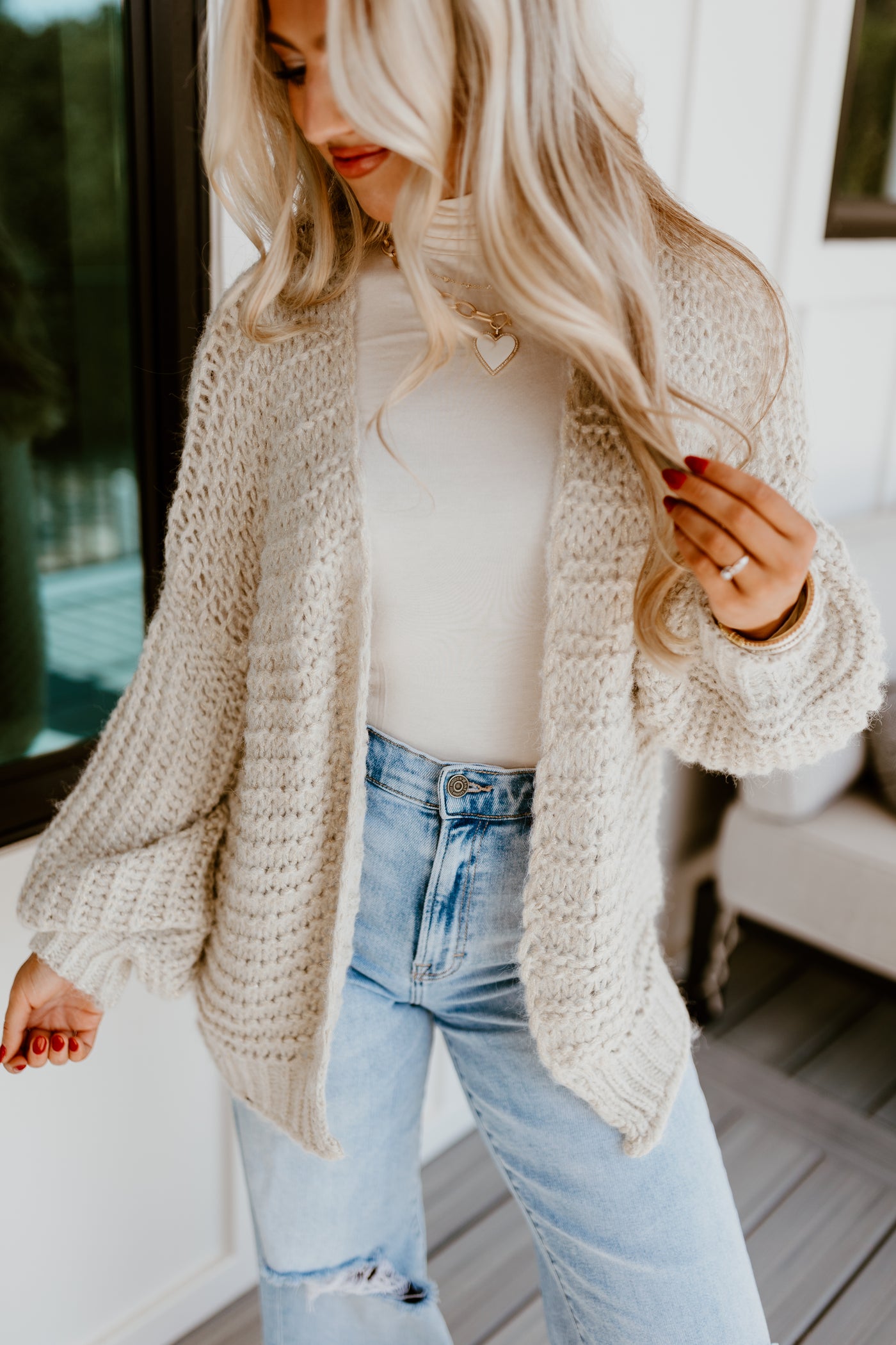 Gold Oversized Balloon Sleeve Open Knit Cardigan