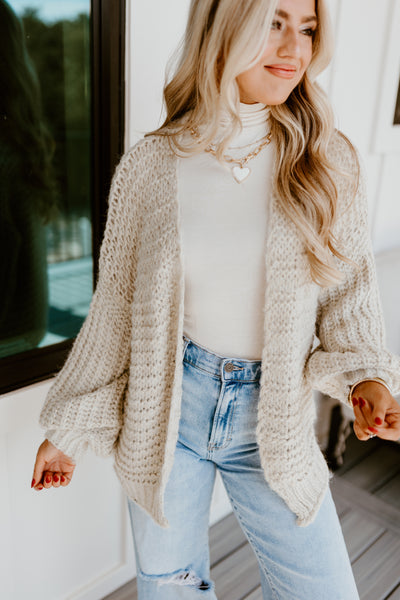 Gold Oversized Balloon Sleeve Open Knit Cardigan