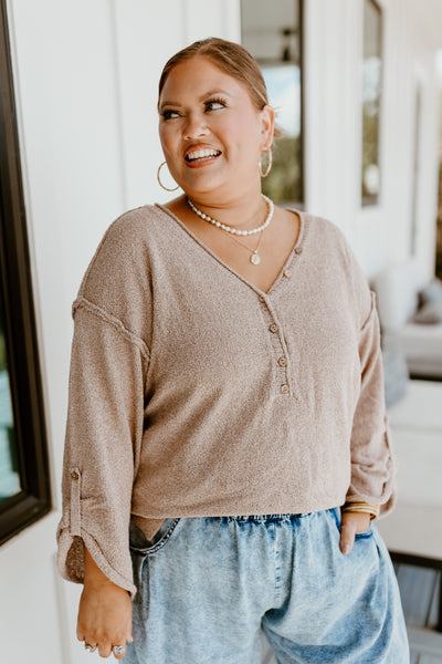 Khaki Long Sleeve Oversized V-Neck Top