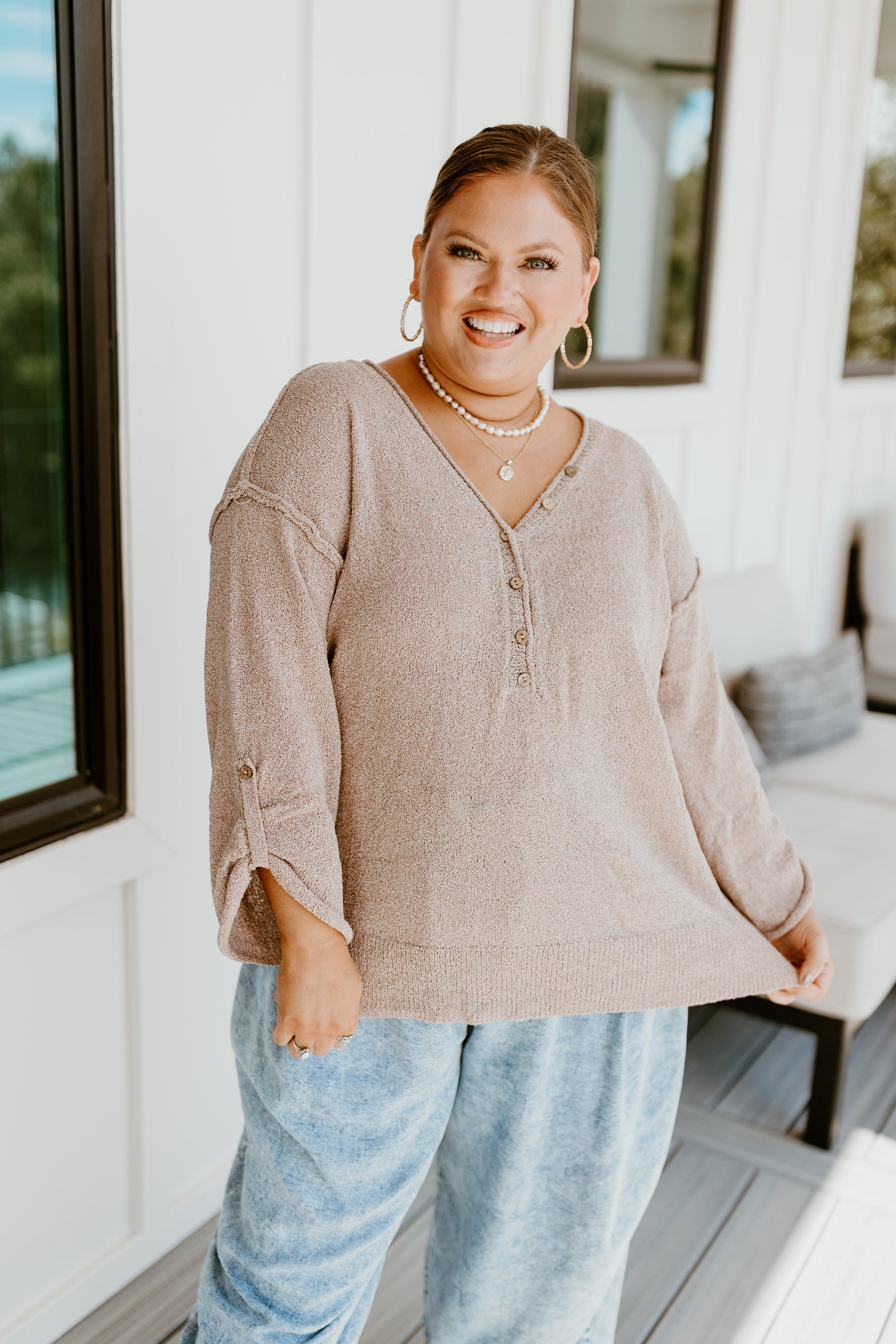 Khaki Long Sleeve Oversized V-Neck Top