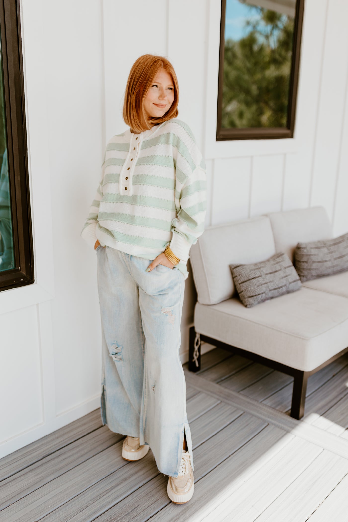 Sage and White Striped Oversized Sweater