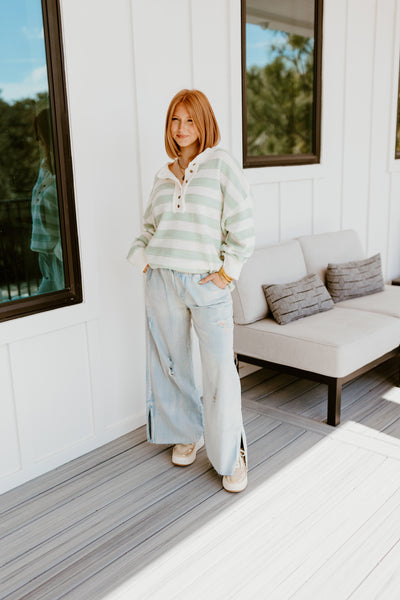 Sage and White Striped Oversized Sweater