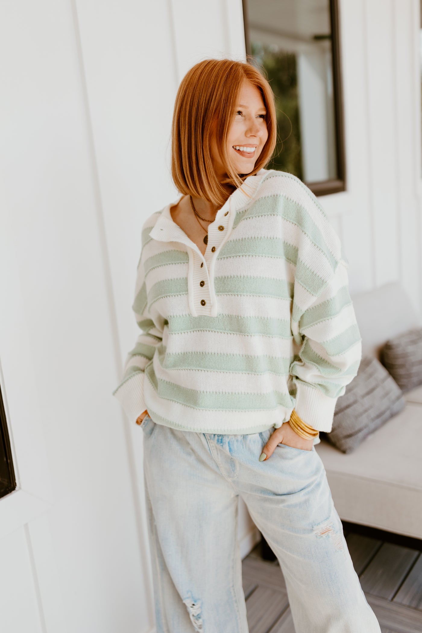 Sage and White Striped Oversized Sweater