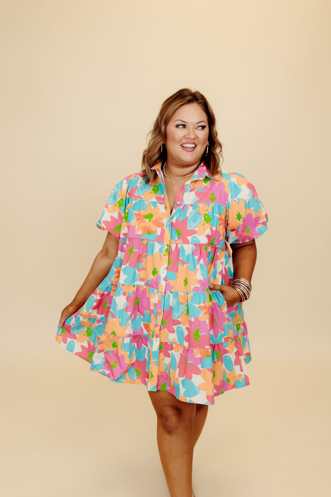 Blue Mix Floral Puff Sleeve Tiered Dress