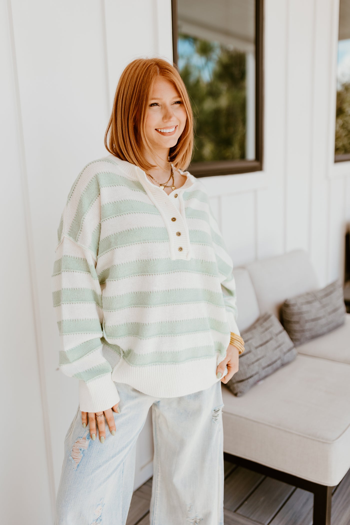 Sage and White Striped Oversized Sweater