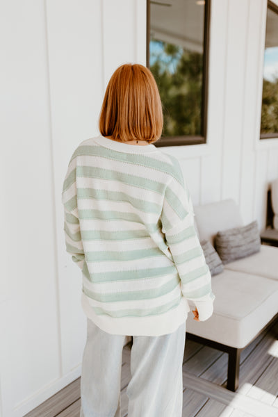 Sage and White Striped Oversized Sweater