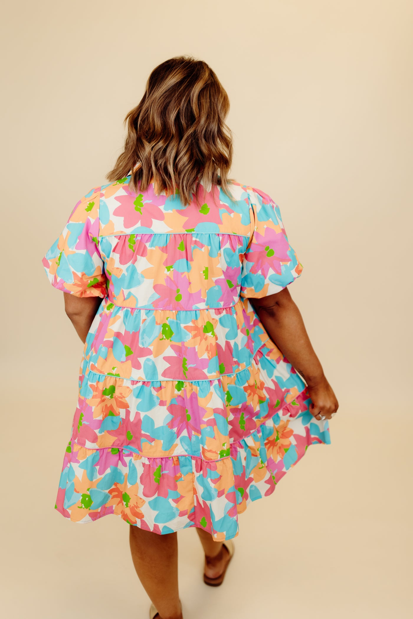 Blue Mix Floral Puff Sleeve Tiered Dress