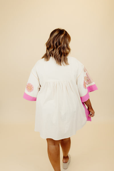 Cream and Hot Pink Floral Bell Sleeve Dress