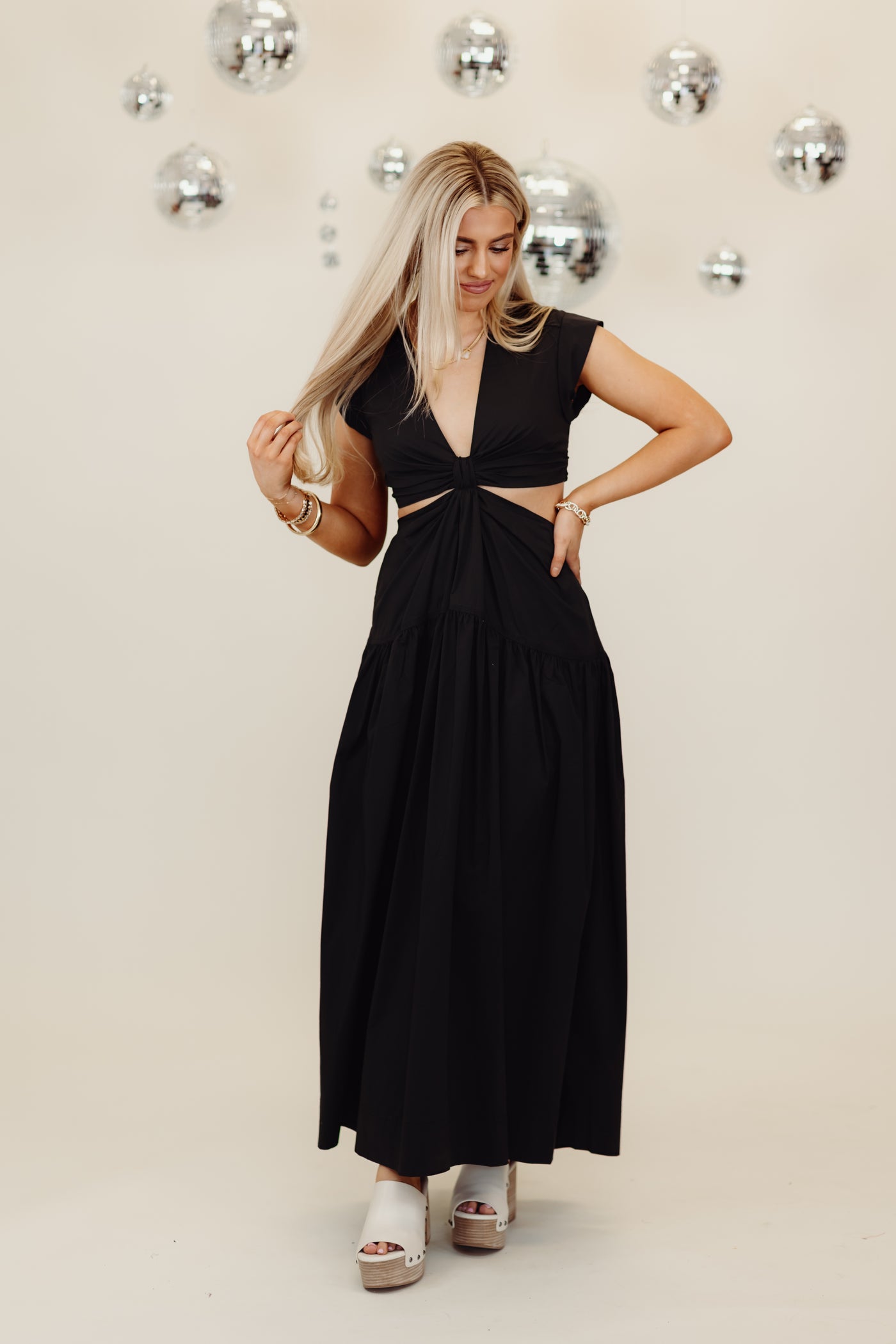 Karlie Black Solid Poplin Knot Cut-Out Maxi Dress