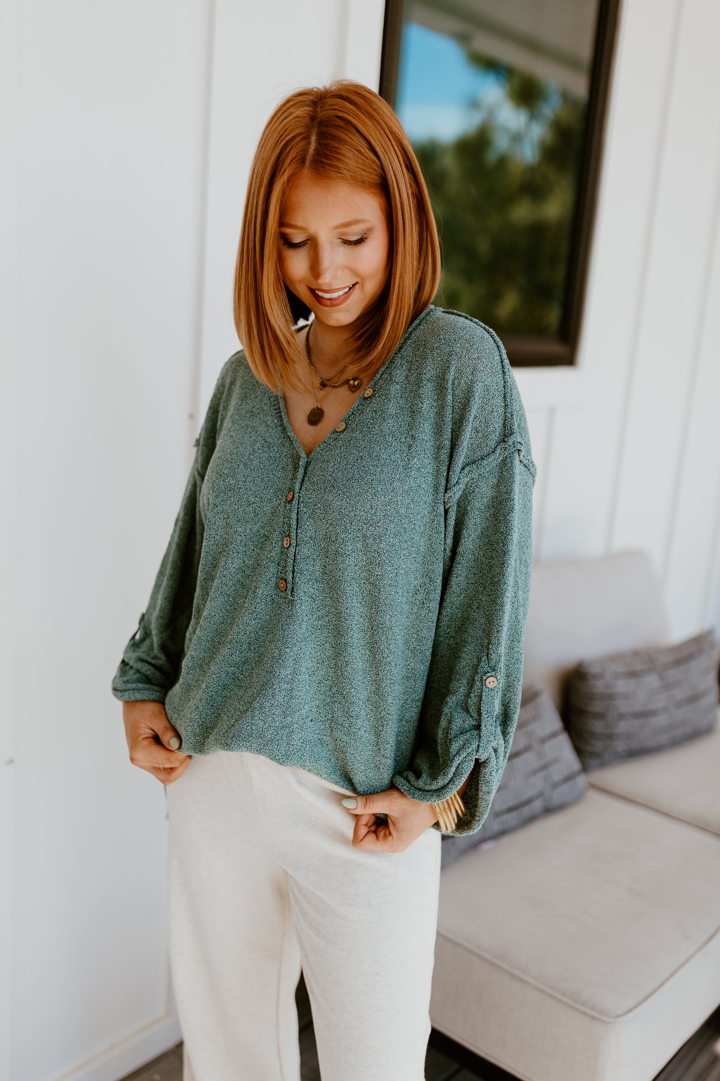 Teal Green Long Sleeve Oversized V-Neck Top