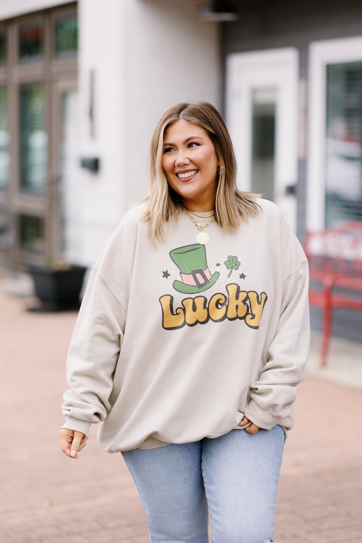St. Patrick's Day Lucky Graphic Sweatshirt in Sand