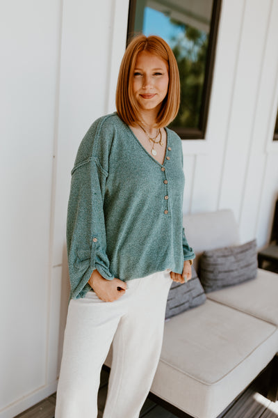 Teal Green Long Sleeve Oversized V-Neck Top