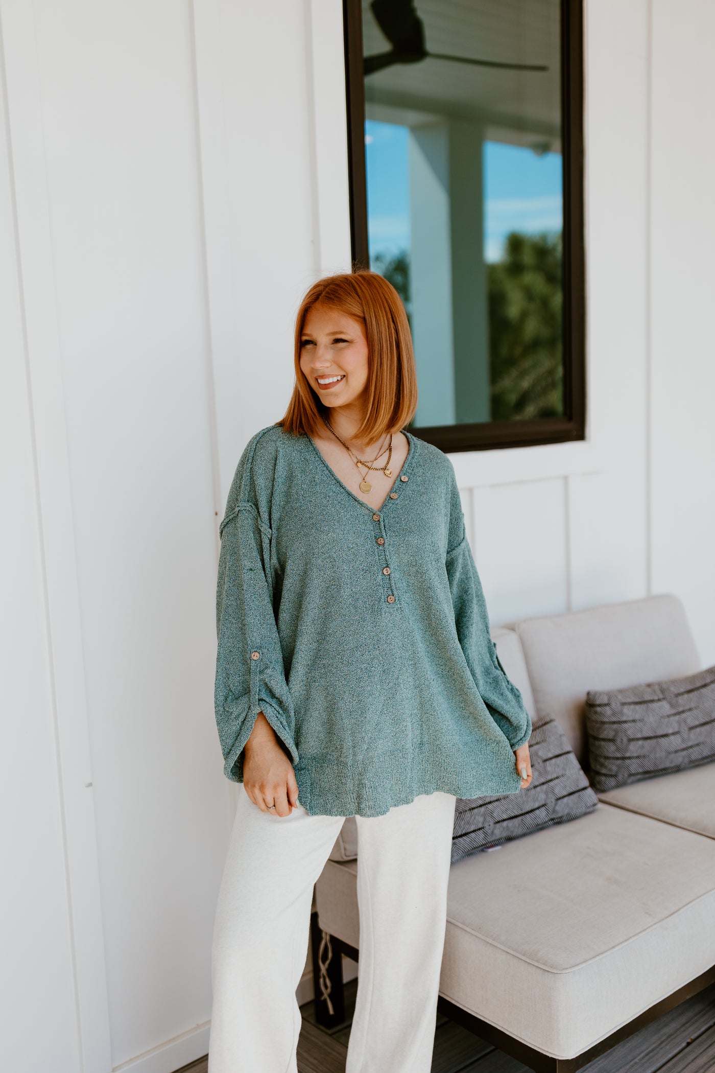 Teal Green Long Sleeve Oversized V-Neck Top