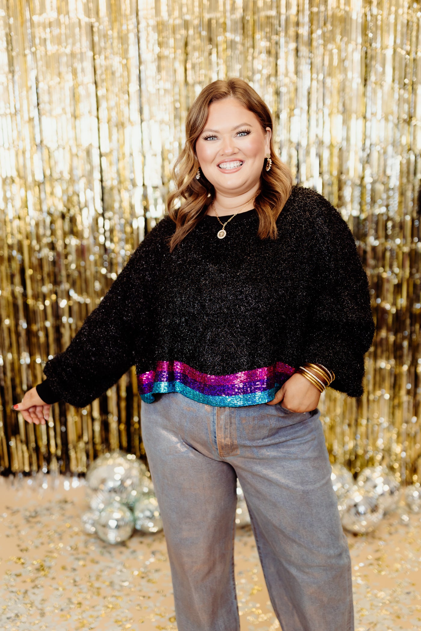 Black Metallic Multicolor Sequin Hem Sweater