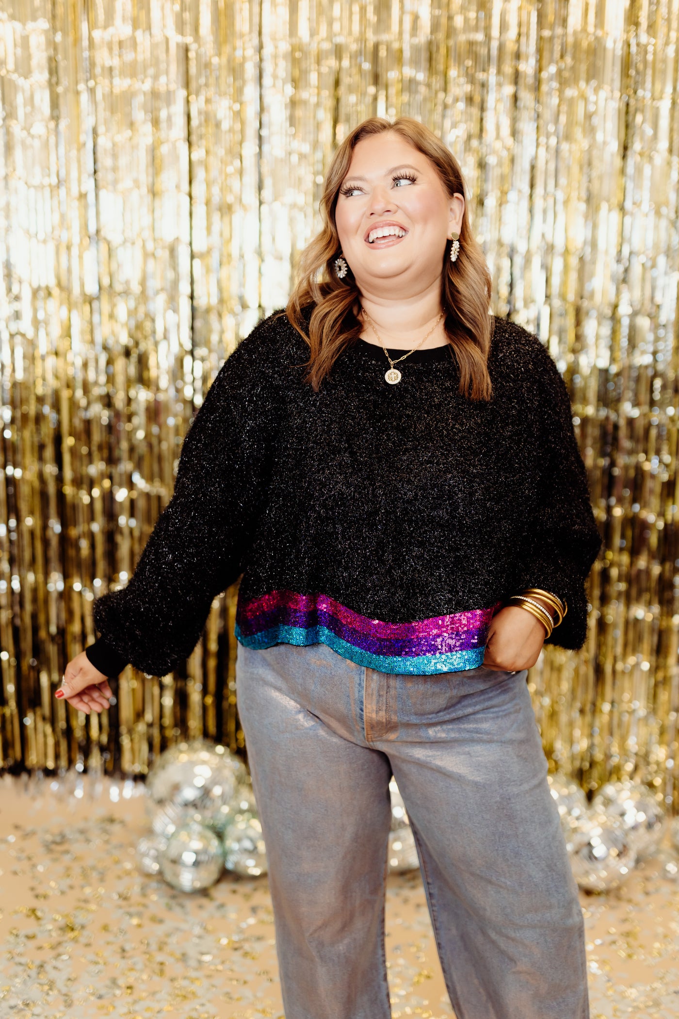 Black Metallic Multicolor Sequin Hem Sweater